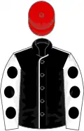 Black, white seams, white sleeves, black spots, red cap