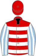 Red and white hoops, light blue and white striped sleeves, red cap