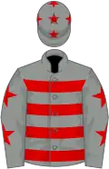 Grey, red hoops, grey sleeves, red stars and cap