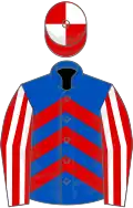 Royal blue and red chevrons, red and white striped sleeves, red and white quartered cap