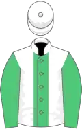 White, emerald green panel and sleeves, white cap