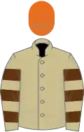 Beige, Brown hooped sleeves, Orange cap