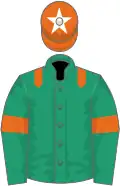 Emerald green, orange epaulettes and armlet, orange cap, white star