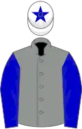 Grey, blue sleeves, white cap, blue star