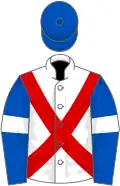 White, red cross belts, royal blue sleeves, white armlets, royal blue cap