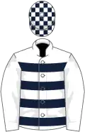 White and dark blue hoops, white sleeves, check cap