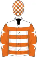 White, orange hoops, orange sleeves, white stars, white and orange check cap