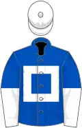Royal blue, white hollow box, halved sleeves, white cap
