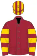 Maroon, gold hooped sleeves, striped cap