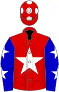 Red, white star, blue sleeves, white stars, red cap, white spots