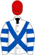 White, royal blue cross belts, hooped sleeves, red cap