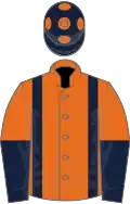 Orange, dark blue braces, halved sleeves, dark blue cap, orange spots