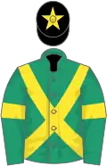 Emerald green, yellow cross sashes, yellow armlet, black cap, yellow star