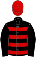 Black, red hoops, black sleeves, red cap