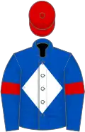 Royal blue, white diamond, royal blue sleeves, red armlets, red cap