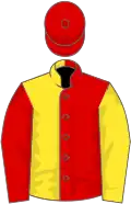 Red and yellow halved, sleeves reversed, red cap