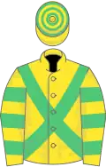 Yellow, Emerald Green cross belts, hooped sleeves and cap
