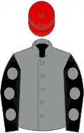 Grey, black sleeves, grey spots, red cap