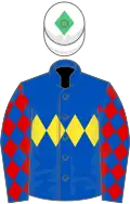 ROYAL BLUE, yellow triple diamond, royal blue sleeves, red diamonds, white cap, emerald green diamond