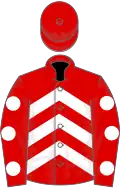 Red, white chevrons, red sleeves, white spots, red cap