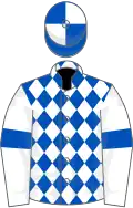 White, Dark Blue Diamonds, White sleeves, Dark Blue Armlets, White Cap, Dark Blue Quartered