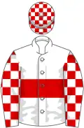 White, red hoop, checked sleeves and cap