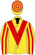 Yellow, red chevron, striped sleeves, hooped cap