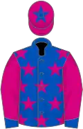 Royal blue, cerise stars, cerise sleeves, royal blue cuffs, cerise cap, royal blue star