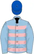 Light blue, pink hoops, light blue sleeves, royal blue cap