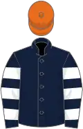 Dark blue, white hooped sleeves, orange cap