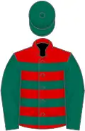 Red and dark green hoops, dark green sleeves and cap