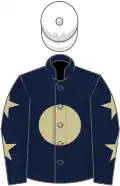 Dark blue, beige disc, beige stars on sleeves, white cap