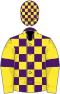 Purple and yellow check, yellow sleeves, purple armlets