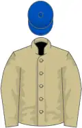 Beige, royal blue cap