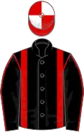 Black, red braces and seams on sleeves, red and white quartered cap