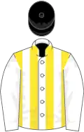 White, yellow stripes on body, black cap