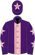 Purple, pink stripe, purple sleeves, pink stars, purple cap, pink star