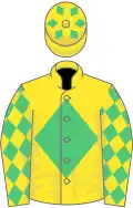 Yellow, emerald green diamond, yellow sleeves, emerald green diamonds and diamonds on cap