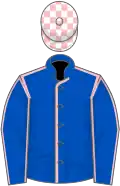 Royal blue, pink seams, white and pink check cap