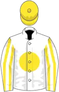 White, yellow disc, striped sleeves, yellow cap
