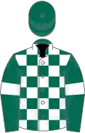 Dark green and white check, dark green sleeves, white armlets, dark green cap