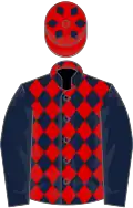 Dark blue and red diamonds, blue sleeves, red cap, dark blue diamonds