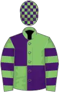 Light green and purple (quartered), hooped sleeves, checked cap