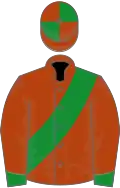 RUST, green sash and cuffs, quartered cap