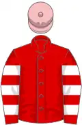 Red, white hooped sleeves, pink cap