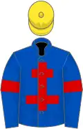 Royal blue, red cross of lorraine and armlets, yellow cap