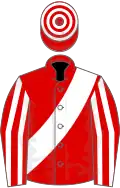 Red, white sash, striped sleeves, hooped cap