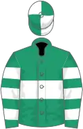 Emerald green, white hoop, hooped sleeves, white and emerald green quartered cap