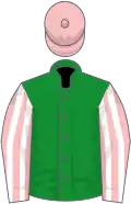 Green, pink and white striped sleeves, pink cap