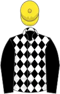 Black and white diamonds, black sleeves, yellow cap